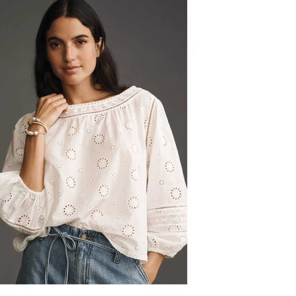 Anthropologie Pilcro Long-Sleeve Eyelet Swing Blouse size M new with tag white - Picture 1 of 5
